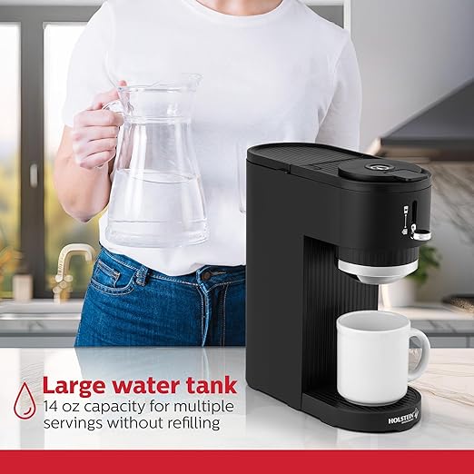 Holstein Housewares 2-in-1 Single Serve Coffee Maker, Dual Brew, Compatible with K-Cup Pods & Ground Coffee, Reusable Filter Included, Compact Drip Coffee Machine, 14oz Tank, Fits Most Cups - Black