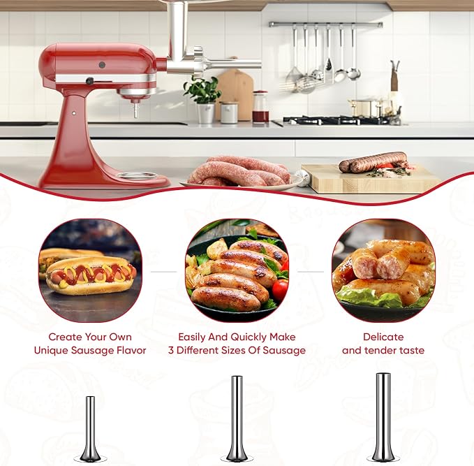 Meat Grinder for KitchenAid Mixer, Meat Grinder Attachment with 4 Grinding Plates, 3 Sausage Stuffer Tubes, 2 Grinding Blades, Attachment for Kitchenaid Mixers