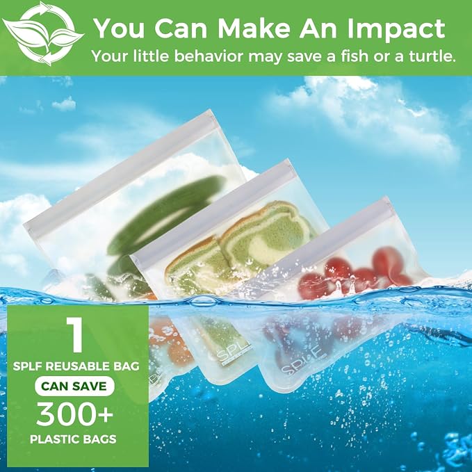 SPLF 10 Pack Reusable Sandwich Bags Dishwasher Safe, Gray | Reusable Quart Freezer Bags, Extra Thick Leakproof Food Storage Bags Silicone Free for Marinate Meats, Cereal, Lunch, Travel