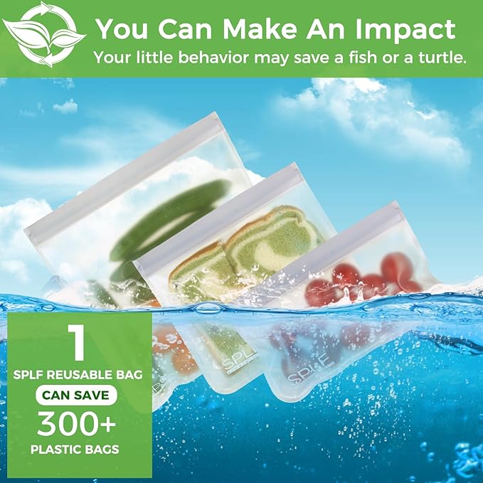 SPLF 12 Pack Dishwasher Safe Reusable Food Storage Bags, Gray | Extra Thick Freezer Bags Leakproof Silicone and Plastic Free Food Lunch Bag-5 Sandwich 5 Snack 2 Gallon