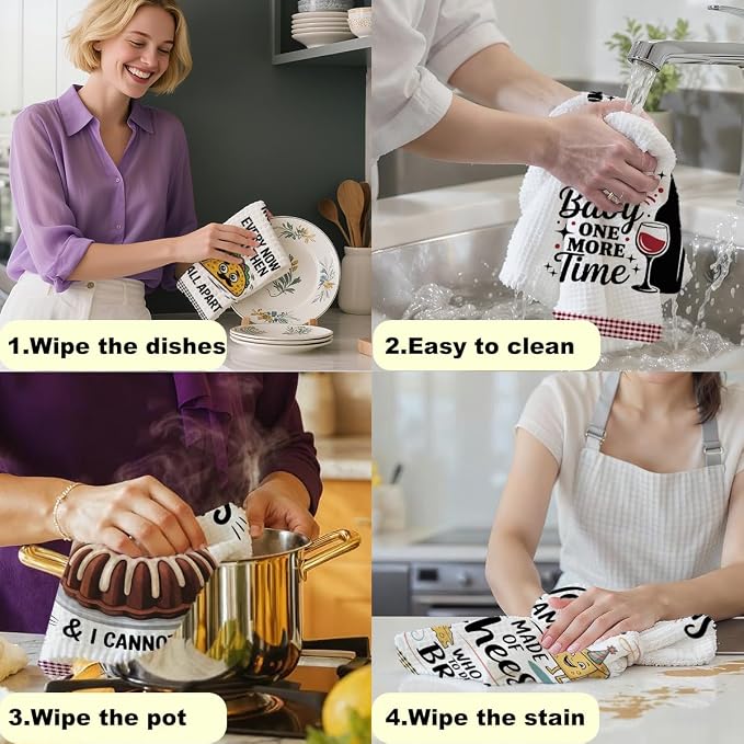 4PCS Funny Kitchen Towel, Cute Decorative Dish Towels Sets | Absorbent Waffle Hand Towels, Housewarming Gifts for New Home, Women, Mom, Funny House Warming Presents, Hostess Gifts