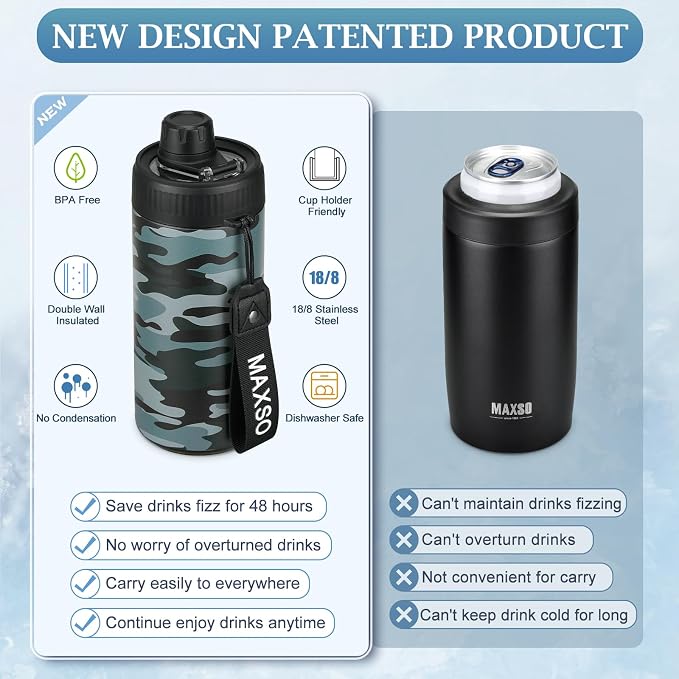 MAXSO Sealed Can Cooler Fizz Lid Can Cover for 12 oz Regular, Slim Skinny Cans & As Thermal Bottle, 4-in-1 Insulated Vacuum Stainless Steel Carbonated Cold Drink Holder - Camouflage