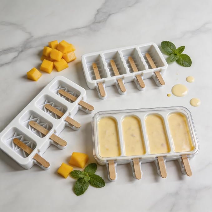 3 Set Popsicle Molds,Cakesicles Silicone Mould,12 Cavities Silicone Ice Cream Molds with Lids and 100 Pieces Wooden Popsicles Sticks and 100 Bags for Making Cakesicles,Cake Pops,Ice Cream(White)