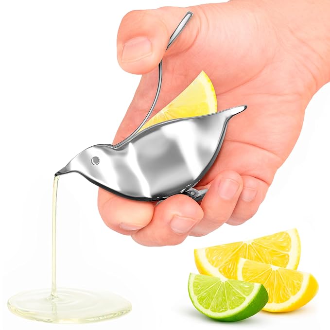 Bird Lemon Squeezer with Pour Spout, Tiny Stainless Steel Slice Press | Cute Citrus Wedge Juicer for Limes, Mess-Free, Dishwasher Safe, a Mini Travel Size for Tea Service, Seafood, and Cocktails
