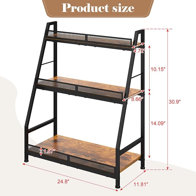 Hayexiha 3-Tier Expanded Liquor Stand, Freestanding Trapezoid Wine Rack | 40+Bottle Capacity: 24.8-inch-wide wood-and-steel stand has stepped shelves, safety fencing and adjustable feet.