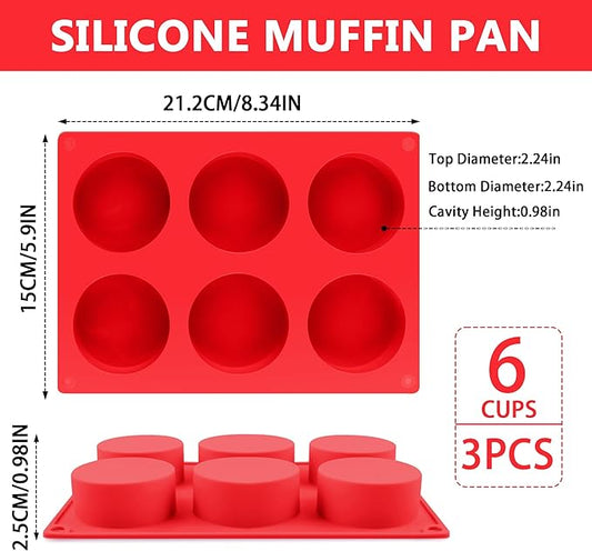 3-Pack 6-Cup Silicone Muffin Pan - Non-Stick Baking Mold for Cupcakes, Muffin Cupcake Pans Molds for Baking, Cornbread, Eggs - Red