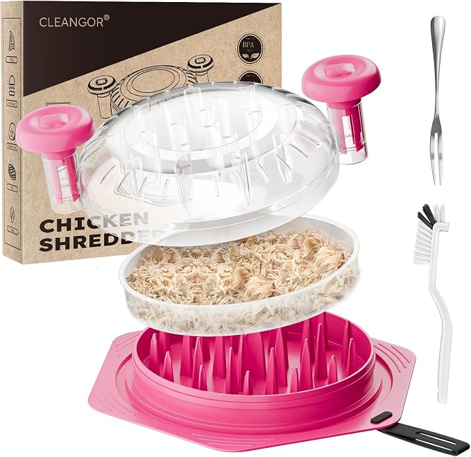 CLEANGOR Chicken Shredder Tool Twist Large, BPA Free Meat Shredder | with Ergonomic Handle, Non-Slip Food Shredder Tool for Pork, Beef, Set of Chicken Breast Shredder with Brush & Fork
