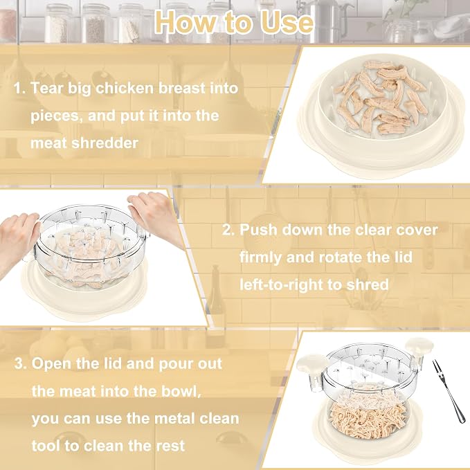 Chicken Shredder Tool Twist Large Meat Shredder with Brush&Fork, Beige | Visible Chicken Breast Shredder, Strong Anti-Slip Strip, Ergonomic Handle, BPA Free, Kitchen Gadgets for Pork Beef Chicken
