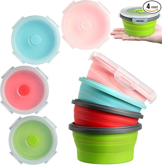 4 Pcs Collapsible Bowls with Lids Silicone Camping Food Storage Container Expandable Folding Salad Lunch Box Travel Container for Hiking Camping