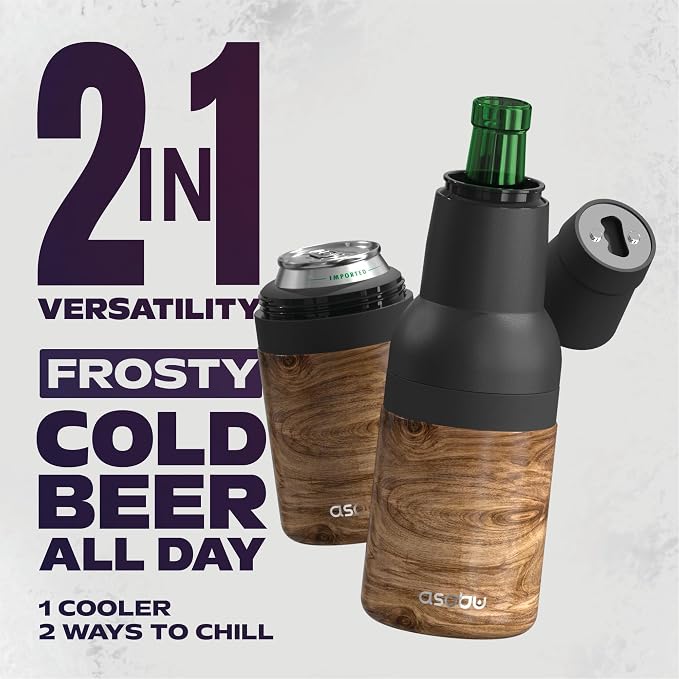Asobu Frosty Beer Holder 2 Go Vacuum Insulated Double Walled Stainless Steel Beer Can and Bottle Cooler with Beer Opener, Bpa Free, Fits Standard 12oz Bottles, Gift for Beer Lovers (Natural Wood)