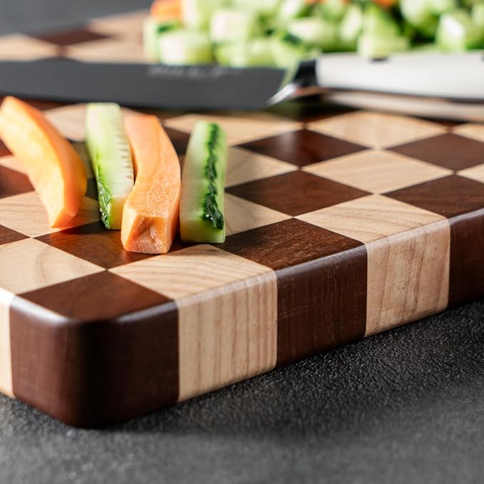 Wood Cutting Board Butcher Block, Wooden Chopping Board with Checkerboard Pattern and Inner Side Handles Meat Cheese Charcuterie Board, Ideal for Chopping, Slicing, and Dicing 14 * 9.5 Inch