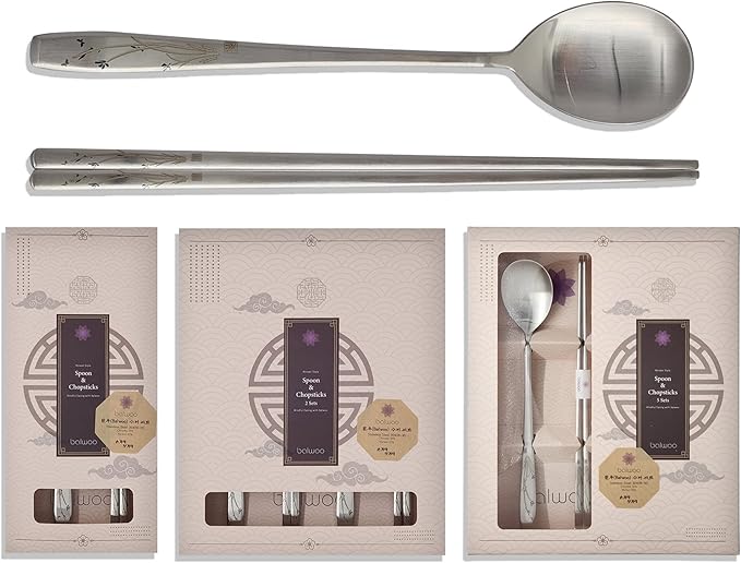 [1 Set] [Made in Korea] Orchid Design Korean Style Sticky Rice Spoon Chopsticks Set Silverware Set 304 Stainless Steel Cutlery Set Soup Spoon Ramen Chopsticks Flatware (1 Set)