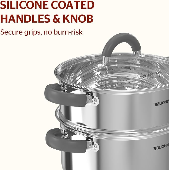Sunhouse: 3 Quart Stainless Steel Steamer Pot - 2-Tier Cookware, Tempered Glass Lid, Stay-Cool Silicone Handles, 3-Ply Bottom, Dishwasher & Oven Safe | Steaming Pot with Glass Lid & Steamer Basket - 2 Tier Tri-ply Stovetop Steamer For Vegetable, Veggie...