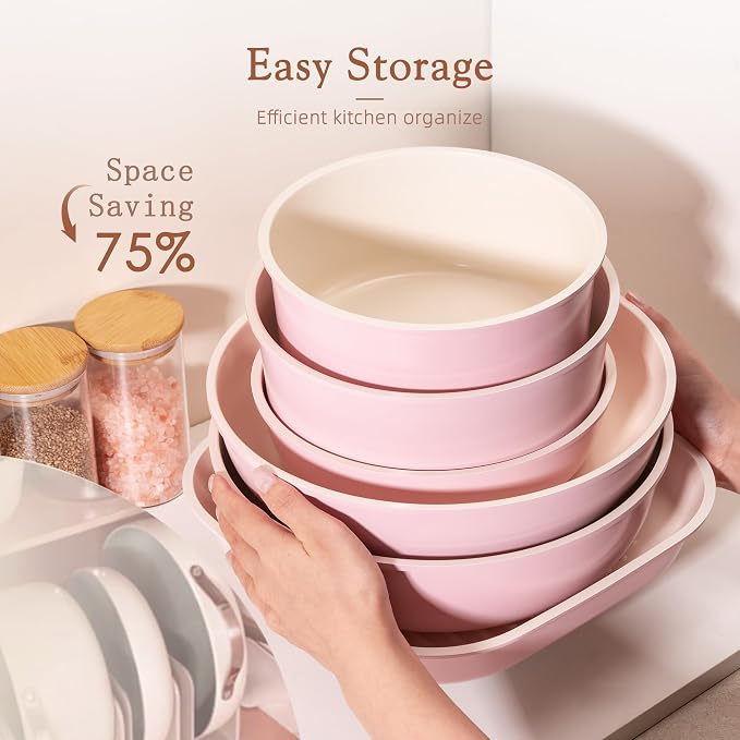 Astercook 23 Pcs Pots and Pans Set Non Stick, Ceramic Cookware Set Detachable Handle, RV Kitchen Cooking Set Removable Handles, Oven Safe, Induction Ready, Stackable, Pink, Mothers Day Gifts