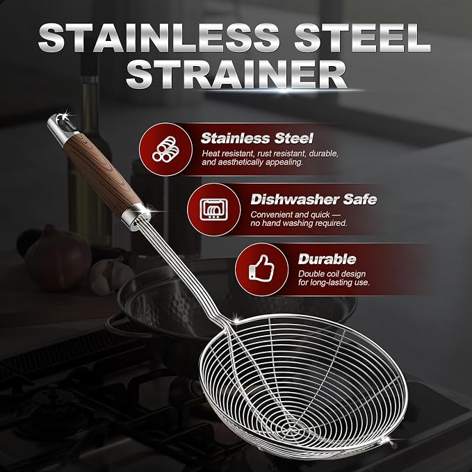 IQCWOOD Spider Strainer Skimmer Spoon Stainless Steel, 6.3" | Stainless Steel Fryer Scoop for Deep Frying, Pasta and Vegetable, Kitchen Utensil Wire Strainer Ladle Dishwasher Safe