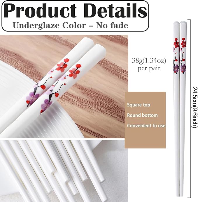 Ceramic Chopsticks Reusable,Porcelain Chop Sticks,Red Plum Blossom 9.7'' | 5 Pairs,Easy to Clean,Dishwasher Safe,Heat Resistant,with a Gift case,Cooking Chopsticks,High-grade Bone China Porcelain