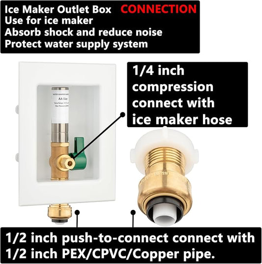 (1 Pack) Lidertik 1/2 inch Push-to-Connect Pre-Assembled Ice Maker Outlet Box Valve 1/4 inch Recessed Refrigerator Water Line Wall Box with Shut Off Valve and Stainless Steel Hammer Arrestor 651