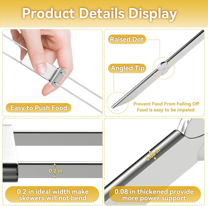 Skewers for Grilling - 13" Kabob Skewers with Push Bar Double Pronged Anti-Roll Metal Skewer for Kabobs, Stainless Steel Reusable BBQ Skewer for Grilling,Ideal for Meat Shrimp Vegetable 6pcs