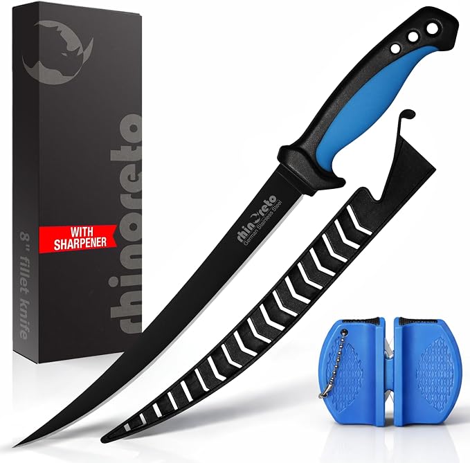 Rhinoreto Fillet Knife for Fish - Razor Sharp G4116 German Stainless Steel Blade, 8 Inch Professional Filleting & Boning Knife with Non-Slip Handle, Protective Sheath & Sharpener