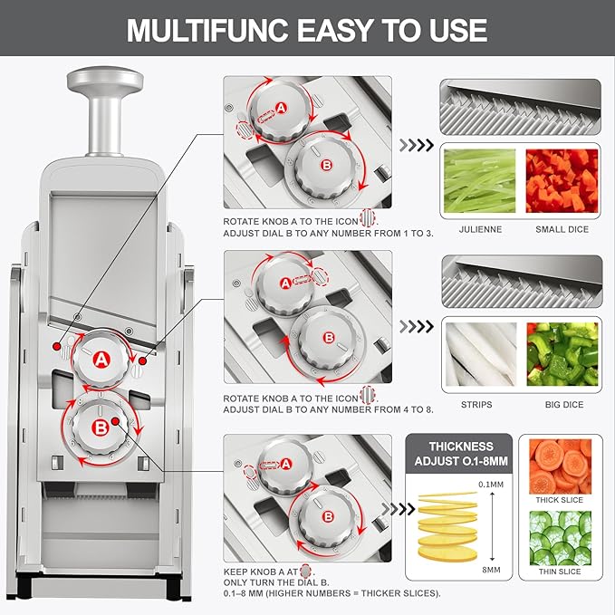 SUPMAKIN Safe Mandoline Slicer, Adjustable Vegetable Food Slicer and Chopper, Potato Fries Fry Cutter, Veggie Salad Chopper, New Kitchen Chopping Artifact Gifts 2026 (SliverGray)