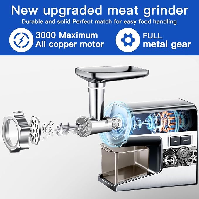 Sinyder 3000W Electric Meat Grinder 304 Stainless Steel Heavy Duty Mincer | Pure Copper Motor, Metal Gears, Dishwasher-Safe 304 Stainless Steel, 2 Blades & 3 Plates, Sausage Stuffer Tubes & Kubbe Kit