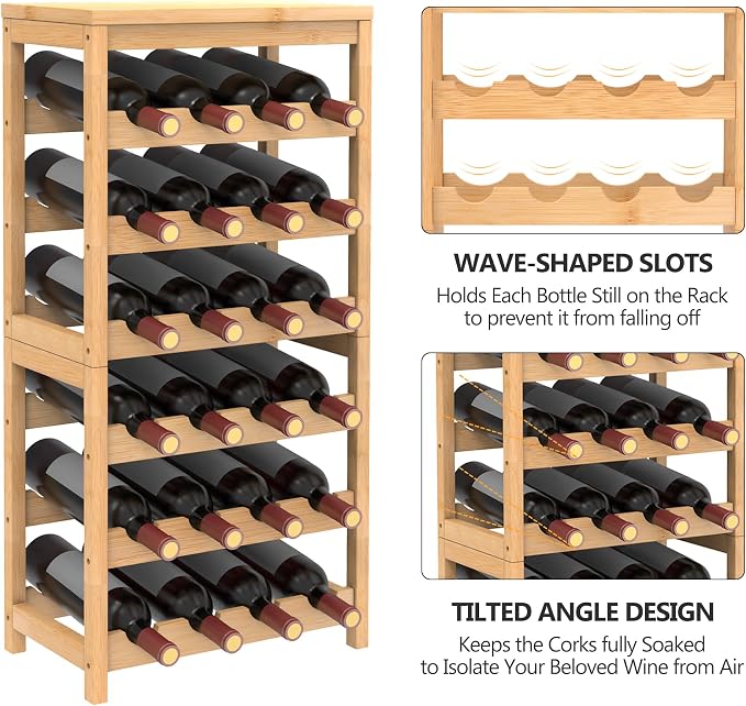 24 Botttle Wine Rack Freestanding Floor 6 Tier Bamboo Wine Rack Storage | 6 Tier Wine Rack Wine Storage Shelves for Kitchen Bar Dining Room Living Room Bamboo