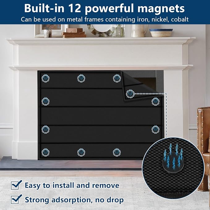 Magnetic Fireplace Blanket for Heat Loss Indoor Fireplace Covers Keep Drafts Out Stops Heat Loss Fireplace Draft Stopper with Built-in 12 Strong Magnet for Iron Fireplace Frame Fireplace Screen 51x39