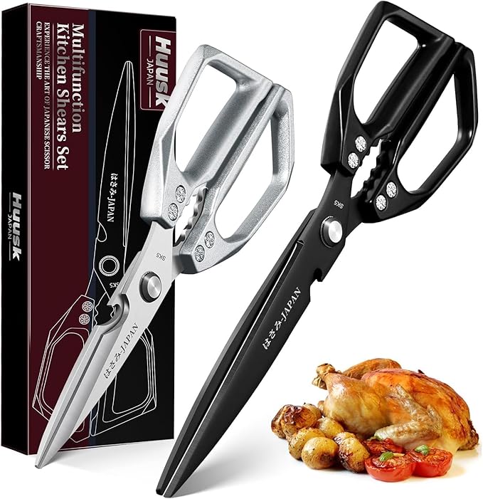 Huusk Kitchen Shears Set, Japanese Stainless Steel Scissors for Food | Upgraded Heavy Duty Design, Sharp Meat Scissors for Fish, Chicken Bones, Turkey, Ergonomic Handles, Gifts for Women