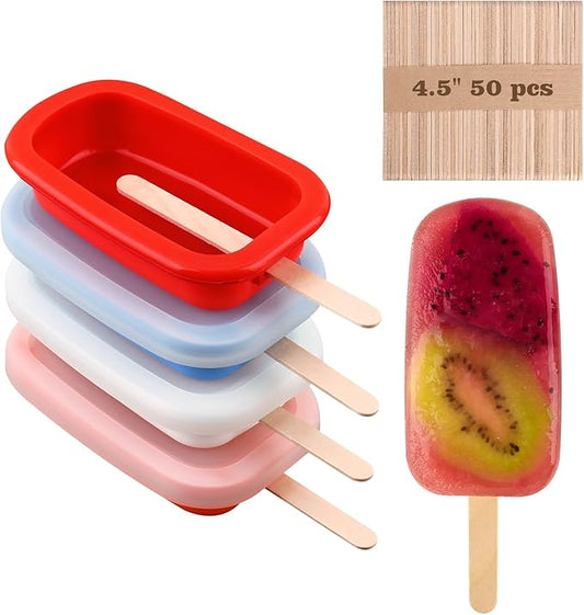 Sakolla 4 Pcs Silicone Popsicle Molds with Lid & 50 Pcs Wooden Popsicle Sticks, Stackable Classic Oval Ice Cream Molds for Homemade Ice Pop, Cakesicles, Freezer Yogurt and Fruit Juice (Multicolor)