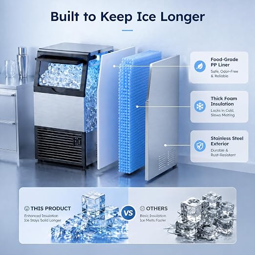 Mojgar Commercial Ice Maker Machine, 150Lbs/24H with 50Lbs Storage Bin | 45 Cubes in 5–15 Mins for Home Bar, Self-Cleaning, Stainless Steel, Built-in or Freestanding, Under Counter Ice Machine