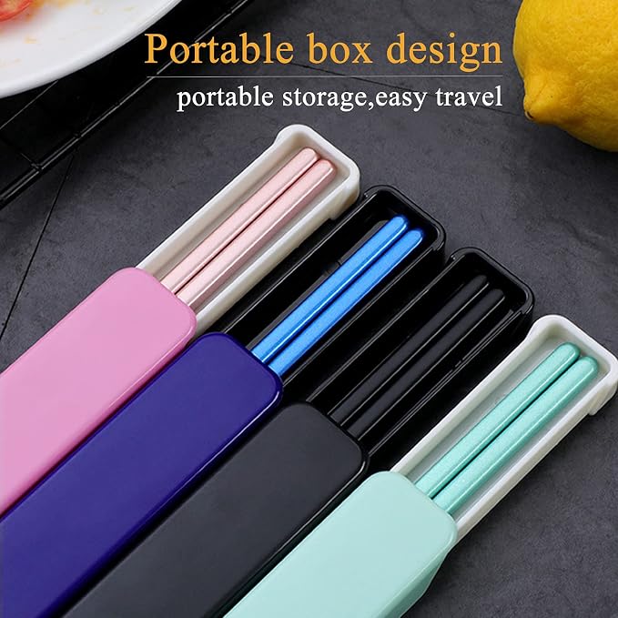 Portable Metal Chopsticks for Travel,Bento Box,Black Blue Green Pink,9'' | Reusable,Stainless Steel, Dishwasher Safe, With Case for Camping, Travel, Bento Box, Alternative to Wooden