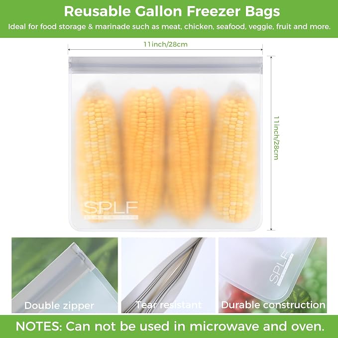 SPLF 9 Pack Reusable Gallon Freezer Bags Dishwasher Safe, Gray | BPA Free 1 gallon Leakproof Silicone and Plastic Free Food Storage Bags for Meal Prep, Fruits, Sandwich, Snack, Travel Items