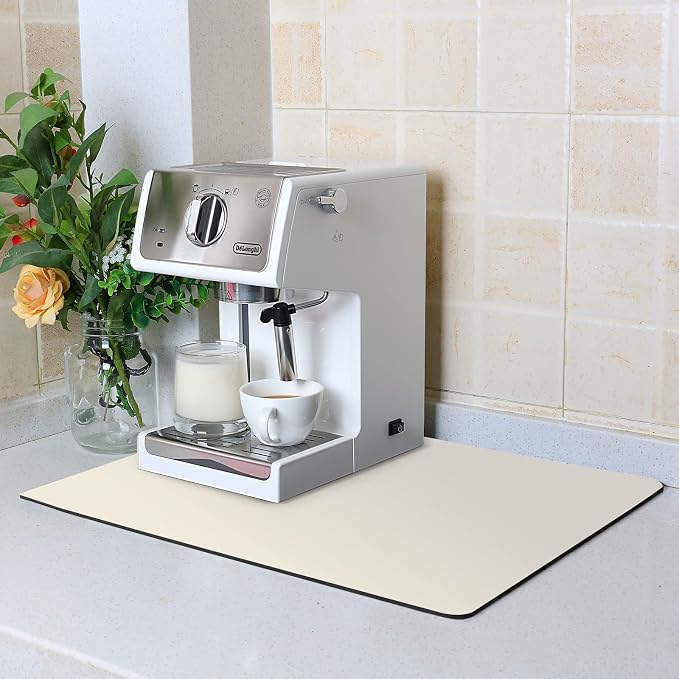ZLR Coffee Bar Mat for Keurig & Nespresso, 12"x16" Small, Creamy | Absorbent Dish Drying Mat, Stain-Hiding PU Leather Top, Non-Slip Rubber Back, Heat-Resistant, Fits Frother & Pour-Over