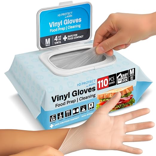 Keppi 110 Pack Vinyl Gloves Clear – Disposable Latex - BPA & Powder-Free – Food Grade Gloves for Cooking Cleaning Food Prep Catering BBQ Baking & Restaurant Use - (Medium)