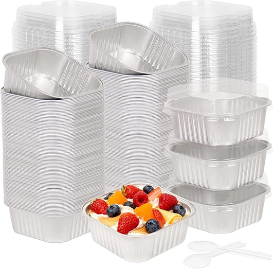 200 Pack 10 oz Silver Mini Aluminum Cake Pans with Lids and Spoons, Disposable Square Baking Cups, Oven Safe Foil Ramekins for Individual Desserts, Cupcakes, Cheesecakes Ramekins Muffin