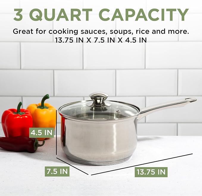 Ecolution Stainless Steel Sauce Pan, Encapsulated Induction Ready Cooking Pot with Glass Lid, Oven Safe, Dishwasher Safe Soup Pot, 3-Quart