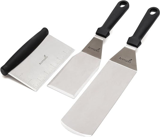 Metal Spatula Stainless Steel and Scraper - Professional Chef Griddle Spatulas Set of 3 - Heavy Duty Accessories Great for Cast Iron BBQ Flat Top Grill Skillet Pan - Commercial Grade