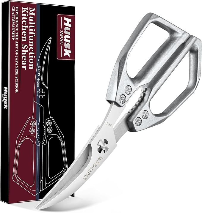 Huusk Kitchen Scissors for Food - Multifunction Kitchen Shears All Purpose | Stainless Steel Seafood Scissors for Meat, Fish, Chicken, Turkey, Ergonomic Non-Slip Silver Handle, Gifts for Women