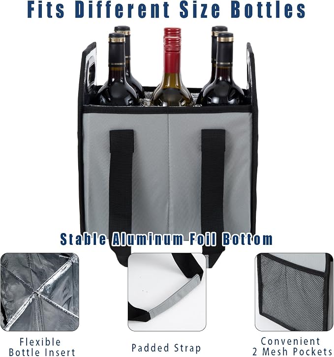 Collapsible 6 Bottle Wine Carrier Storage Box Reusable Portable Wine Bottle Carrier Case for Tote Bag, Moving, Vacation Bottle Caddy, Grocery Shopping, Wine Tasting Accessory