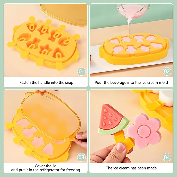 Silicone Popsicle Mold, Cute Dinosaur Popsicle Silicone Molds with 8 Sticks, Reusable Small Mini Ice Popsicle Molds Set, Easy to Clean and Dishwasher Safe (B-Yellow)