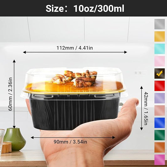 EUSOAR Square Dessert Cups with lids, 10oz 50pcs Disposable Muffin Liners Cupcake Cups Desserts Flan, 300ml Baking Cups, Aluminum Foil Desserts Flan, Custard Cake Catering Gathering Favor-Black Gold