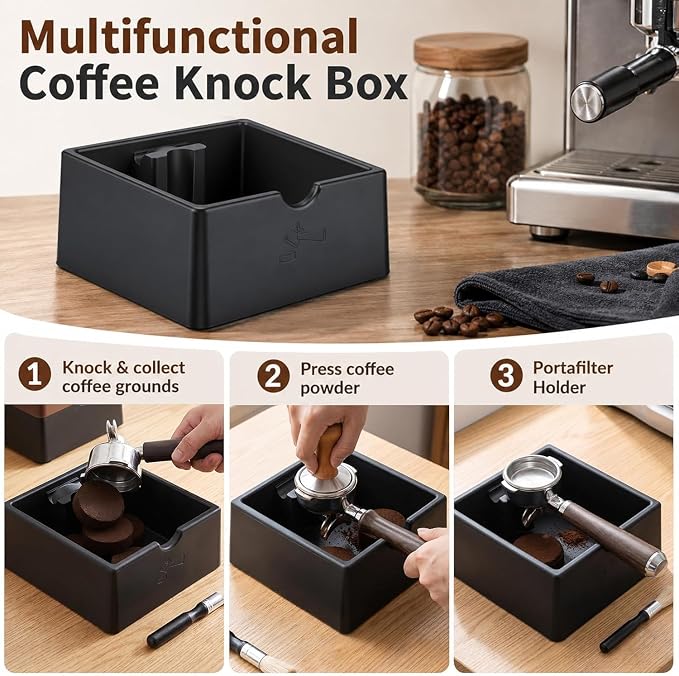 SelfTek Coffee Knock Box - Silicone coffee grounds container with Tamper Stand & Cleaning Brush Non-Slip Base & Handle, Easy Clean, Essential Coffee Maker Accessories