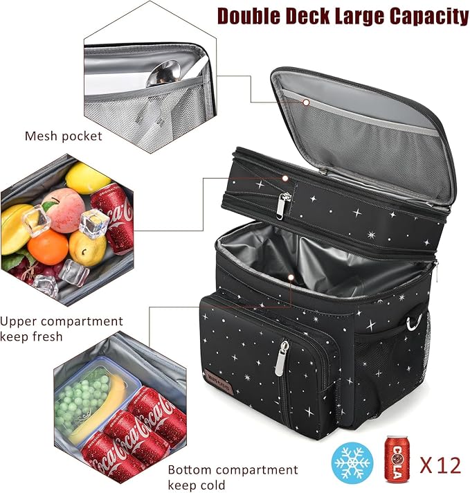 MIYCOO Lunch Bag for Women & Men, Expandable Double Deck Lunch Box, 15L | Leakproof & Waterproof, Portable, Large Soft Insulated Cooler bag for Adult, Work, Camping, Beach, Picnic, Travel