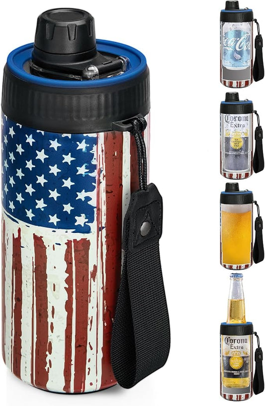 MAXSO Sealed Can Cooler Fizz Lid Can Cover for 12 oz Regular, Slim Skinny Cans & As Thermal Bottle, 4-in-1 Insulated Vacuum Stainless Steel Carbonated Cold Drink Holder - Stripe Flag