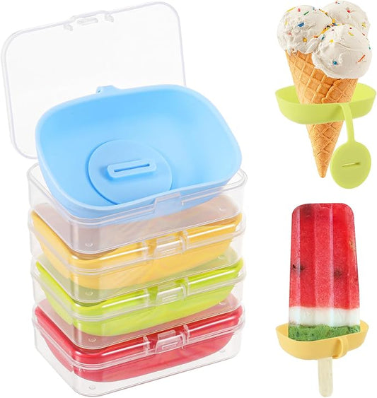 4 Pcs Silicone Drip Free Popsicle Holder for Kids, Reusable Popsicle Drip Catcher, Thick Ice Lolly Holder, Ice Cream Holder, Ice Lolly Drip Catcher for Cones ＆Popsicles (Red Green Blue Yellow)