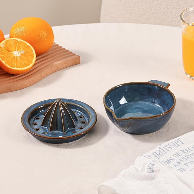 Ceramic Citrus Lemon Orange Juicer Manual Squeezer, Hand Juicer Reamer | Rotation Press with Strainer Lid, Spout, Handle, Dishwasher Safe, Easy to Clean
