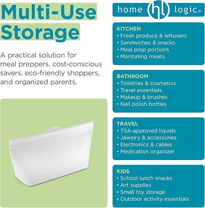 Home Logic Reusable Quart Bags - Set of 4 Clear Silicone Freezer Bags, Airtight Leak Resistant Reusable Zip Bags for Kitchen Home Food Prep, Microwave & Sous Vide Safe