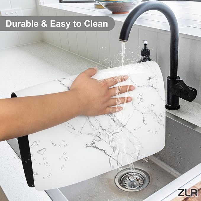 ZLR Coffee Bar Mat for Espresso Machine, 12"x20" Medium, Marble White | Absorbent Dish Drying Mat, Stain-Hiding PU Top, Non-Slip Back, Fits Grinder, Knock Box, Tamper & Milk Frother