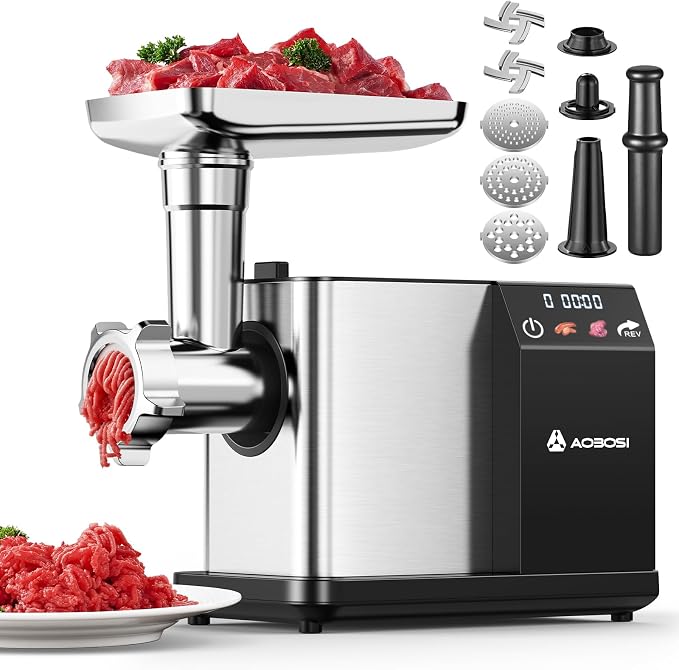 AAOBOSI Electric Meat Grinder 3000W w/Touch Screen & Auto-Reverse | 3 Plates, Built-in Storage, Sausages, Kibbe, Raw Pet Food at Home Use, LFGB Approved, 4lbs/min, Low Noise, Easy Cleanup