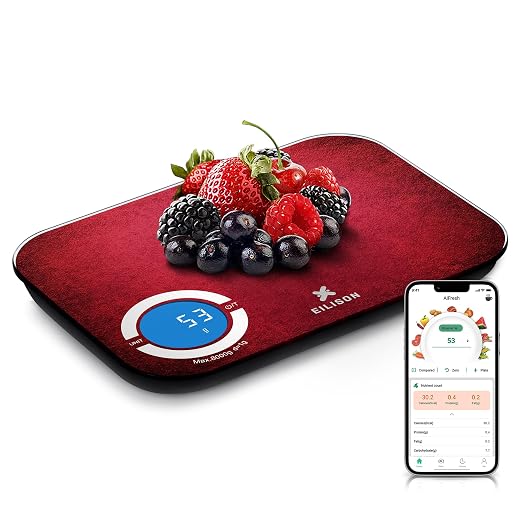 EILISON Smart Kitchen Scale with Nutrition Calculator, Digital Food Scale, Large TFT Color Display, Bluetooth App for 999+ Foods, Calorie Counter & 24 Nutrients Analyzer, 5000g Cap (Red)